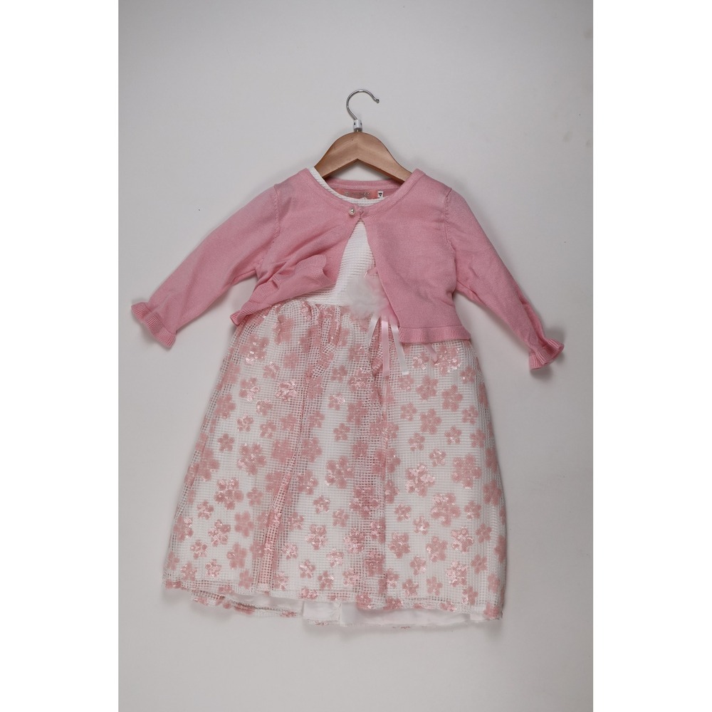 Pink Butterfly Dress Set Shrug Pink Floral Sequin Mesh Size 4 NWT